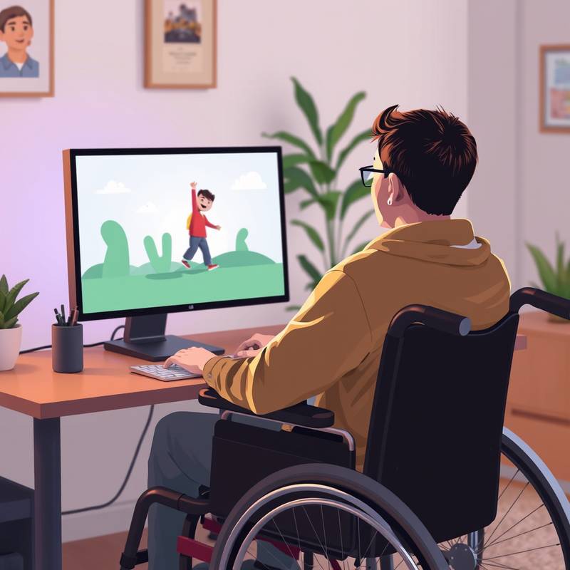 Een illustratie van een persoon in een rolstoel die een computer gebruikt, symboliseert digitale toegankelijkheid.